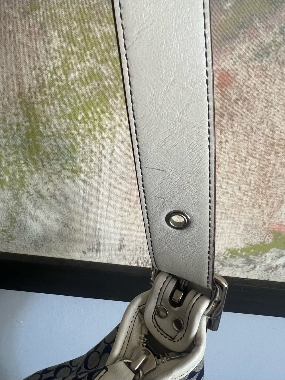 Coach Signature Canvas Stripe Hobo Duffle Bag in Navy and White - Picture 13 of 16